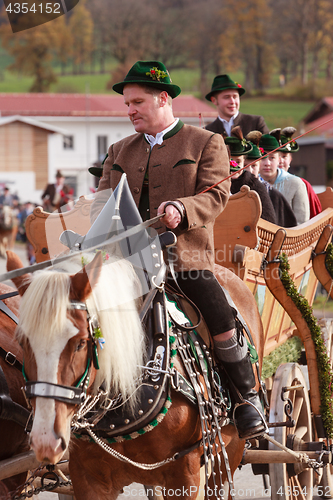 Image of Hundham, Germany, Bavaria 04.11.2017: Leonhardi ride in the Bavarian Hundham