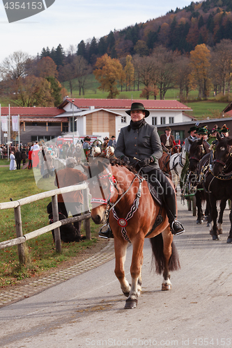 Image of Hundham, Germany, Bavaria 04.11.2017: Leonhardi ride in the Bavarian Hundham