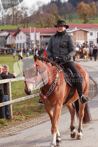 Image of Hundham, Germany, Bavaria 04.11.2017: Leonhardi ride in the Bavarian Hundham