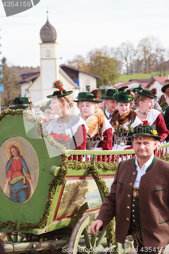 Image of Hundham, Germany, Bavaria 04.11.2017: Leonhardi ride in the Bavarian Hundham