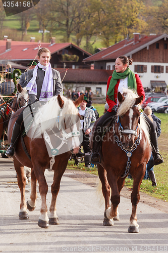 Image of Hundham, Germany, Bavaria 04.11.2017: Leonhardi ride in the Bavarian Hundham