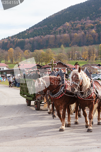 Image of Hundham, Germany, Bavaria 04.11.2017: Leonhardi ride in the Bavarian Hundham