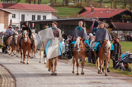 Image of Hundham, Germany, Bavaria 04.11.2017: Leonhardi ride in the Bavarian Hundham