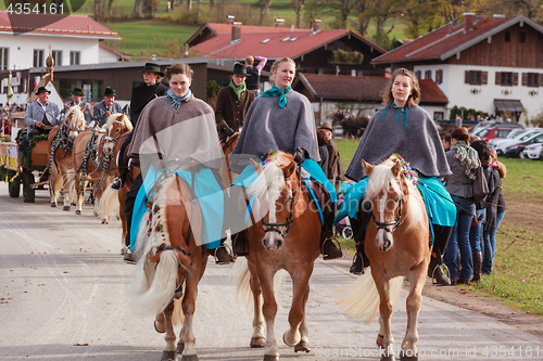 Image of Hundham, Germany, Bavaria 04.11.2017: Leonhardi ride in the Bavarian Hundham
