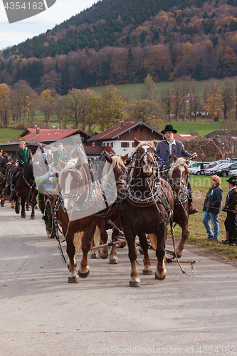 Image of Hundham, Germany, Bavaria 04.11.2017: Leonhardi ride in the Bavarian Hundham