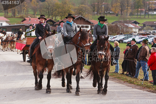 Image of Hundham, Germany, Bavaria 04.11.2017: Leonhardi ride in the Bavarian Hundham