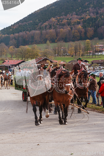 Image of Hundham, Germany, Bavaria 04.11.2017: Leonhardi ride in the Bavarian Hundham