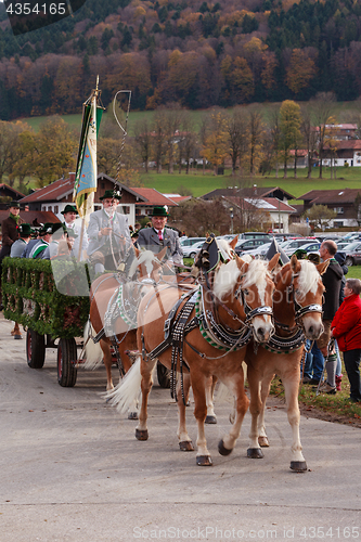 Image of Hundham, Germany, Bavaria 04.11.2017: Leonhardi ride in the Bavarian Hundham