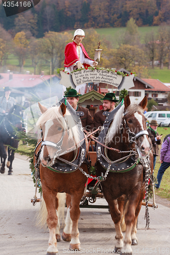 Image of Hundham, Germany, Bavaria 04.11.2017: Leonhardi ride in the Bavarian Hundham