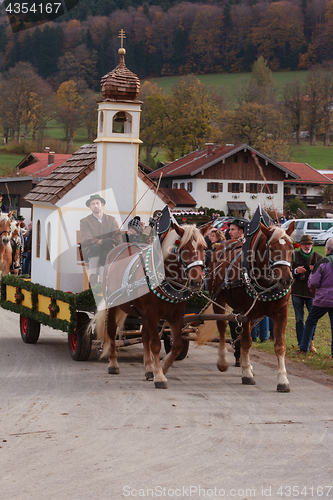 Image of Hundham, Germany, Bavaria 04.11.2017: Leonhardi ride in the Bavarian Hundham