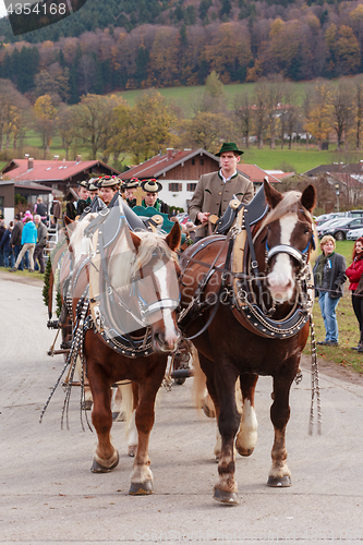 Image of Hundham, Germany, Bavaria 04.11.2017: Leonhardi ride in the Bavarian Hundham