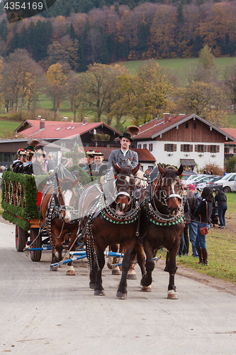 Image of Hundham, Germany, Bavaria 04.11.2017: Leonhardi ride in the Bavarian Hundham