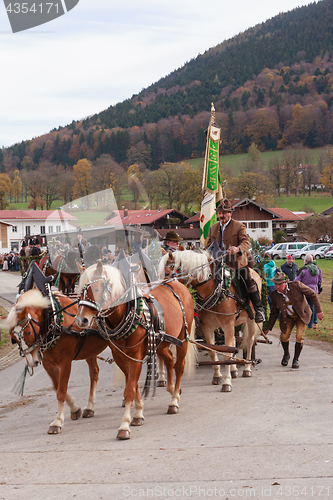Image of Hundham, Germany, Bavaria 04.11.2017: Leonhardi ride in the Bavarian Hundham