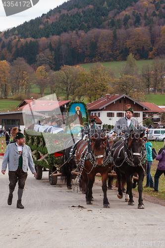 Image of Hundham, Germany, Bavaria 04.11.2017: Leonhardi ride in the Bavarian Hundham