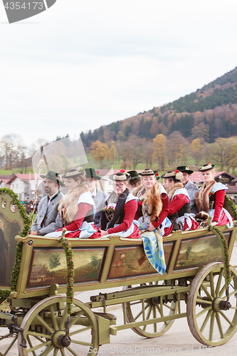 Image of Hundham, Germany, Bavaria 04.11.2017: Leonhardi ride in the Bavarian Hundham