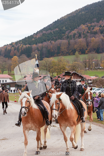 Image of Hundham, Germany, Bavaria 04.11.2017: Leonhardi ride in the Bavarian Hundham