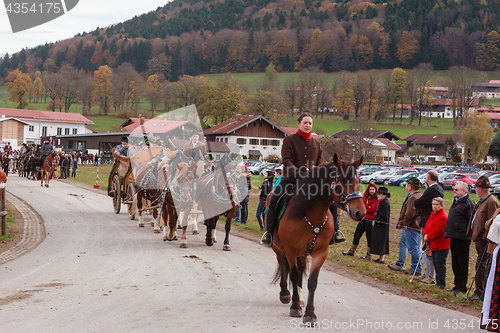 Image of Hundham, Germany, Bavaria 04.11.2017: Leonhardi ride in the Bavarian Hundham