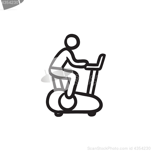 Image of Man training on exercise bike sketch icon.