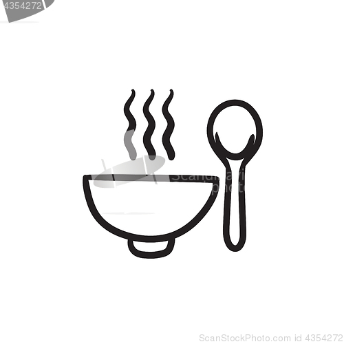 Image of Bowl of hot soup with spoon sketch icon.