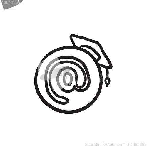 Image of Graduation cap with at sign sketch icon.
