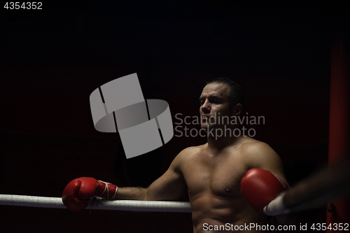 Image of kick boxer resting on the ropes in the corner