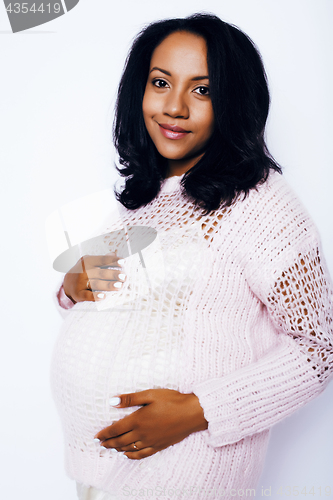 Image of young pretty african american woman pregnant happy smiling, posing on white background isolated , lifestyle people concept