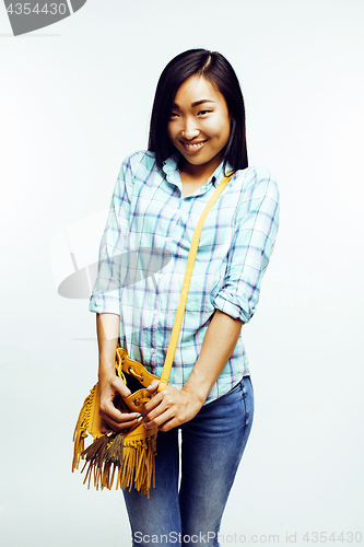 Image of young pretty asian woman posing cheerful emotional isolated on white background, lifestyle people concept
