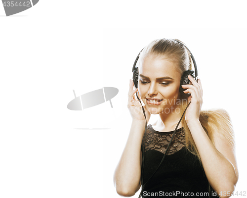 Image of young sweet talented teenage girl in headphones singing isolated