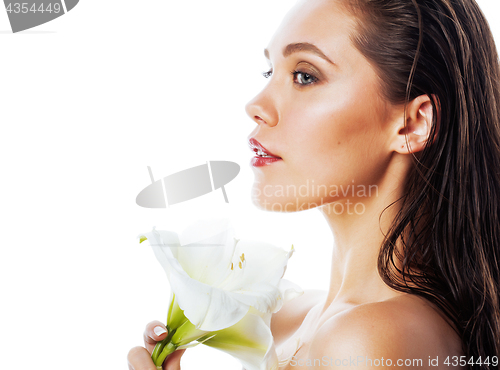 Image of young pretty woman with  Amarilis flower close up isolated on wh