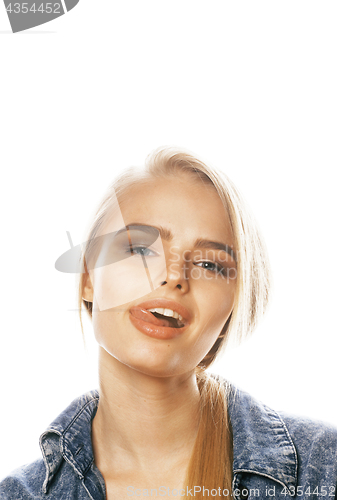 Image of young blond woman on white backgroung gesture thumbs up, isolate