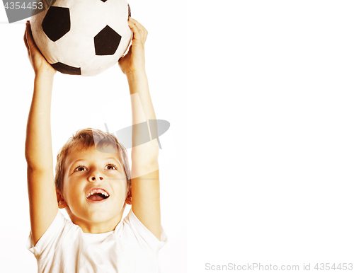 Image of little cute boy playing football ball isolated on white close up