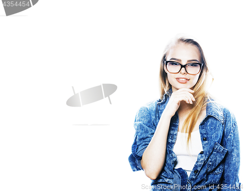 Image of young pretty girl teenager in glasses on white isolated blond ha