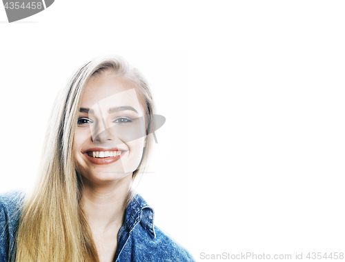 Image of young blond woman on white backgroung gesture thumbs up, isolate