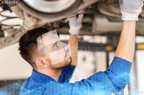 Image of mechanic man or smith repairing car at workshop