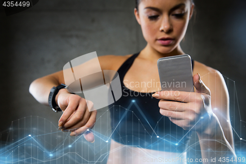 Image of woman with heart-rate watch and smartphone in gym