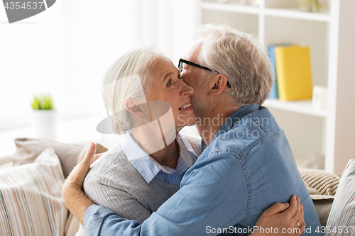 Image of happy senior couple hugging at home