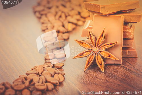 Image of Coffee beans close up and chocolate