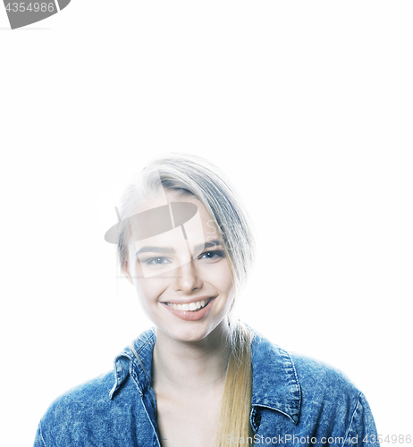 Image of young blond woman on white backgroung gesture thumbs up, isolate