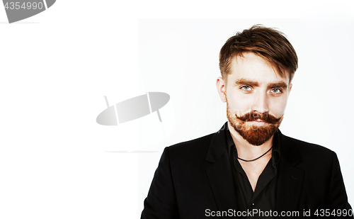Image of young red hair man with beard and mustache in black suit on whit