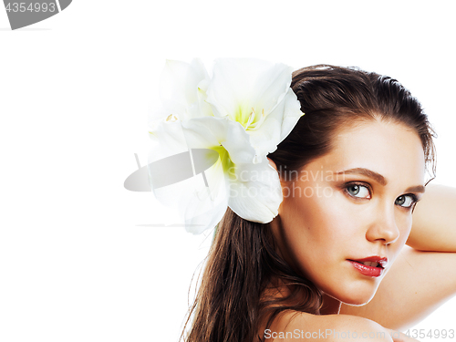 Image of young pretty woman with  Amarilis flower close up isolated on wh