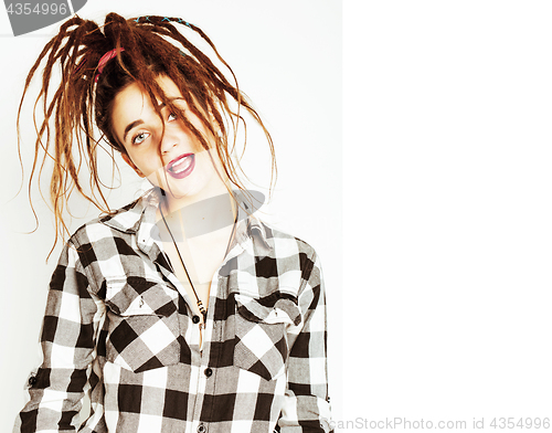 Image of real caucasian woman with dreadlocks hairstyle funny cheerful fa