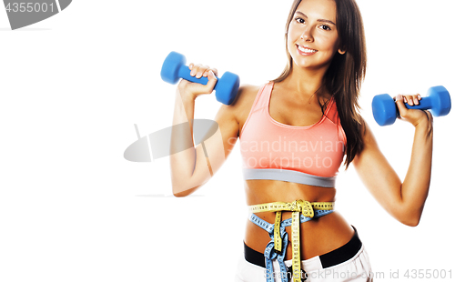 Image of young pretty slim woman with dumbbell isolated