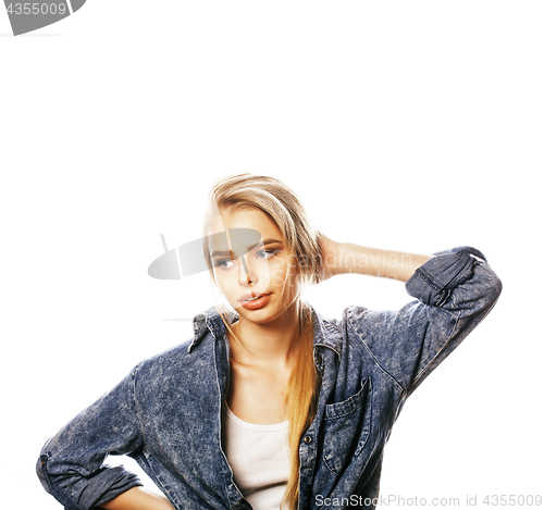 Image of young blond woman on white backgroung gesture thumbs up, isolate