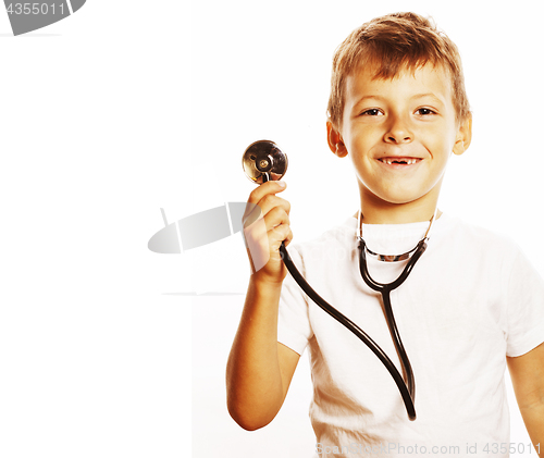 Image of little cute boy with stethoscope playing like adult profession d