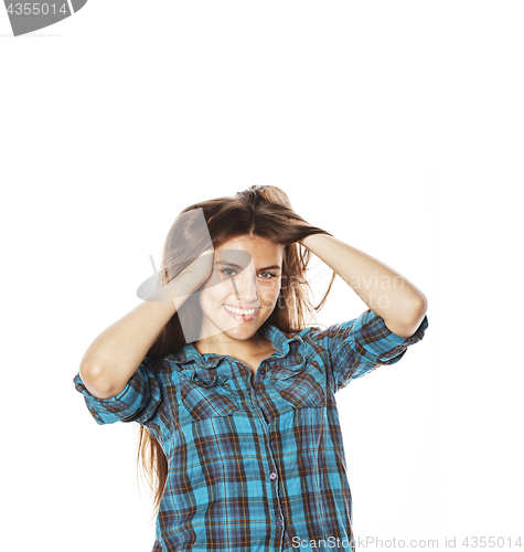 Image of young pretty woman posing on white background isolated emotional