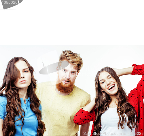 Image of company of hipster guys, bearded red hair boy and girls students