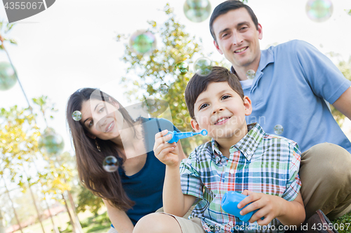 Image of Young Boy Blowing Bubbles with His Parents in the Park.