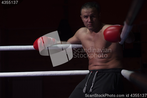 Image of kick boxer resting on the ropes in the corner