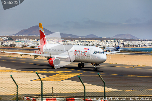 Image of ARECIFE, SPAIN - APRIL, 15 2017: AirBus A321 of IBERIA with the 