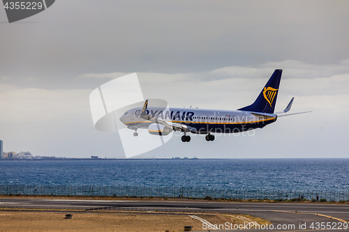 Image of ARECIFE, SPAIN - APRIL, 15 2017: Boeing 737-800 of RYANAIR landi